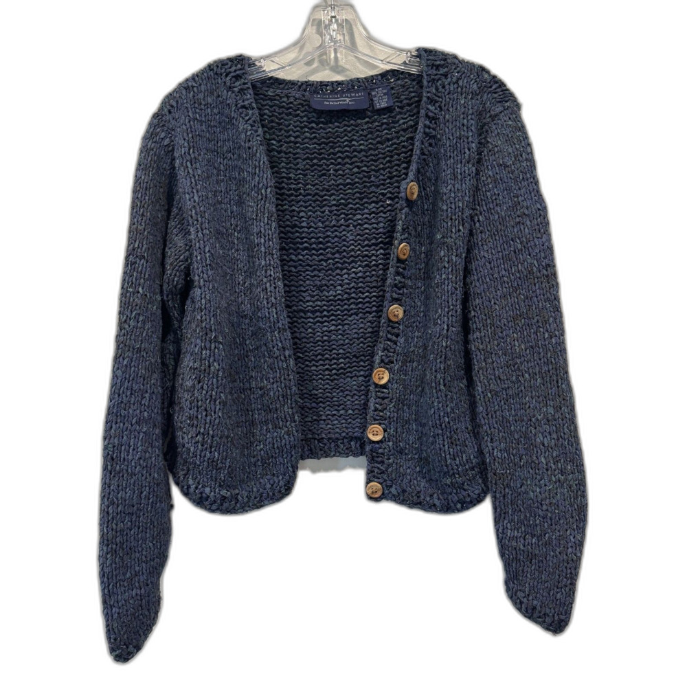 Catherine Stewart Cardigan Blue Textured Knit Button Front Cotton Boho Women S/M